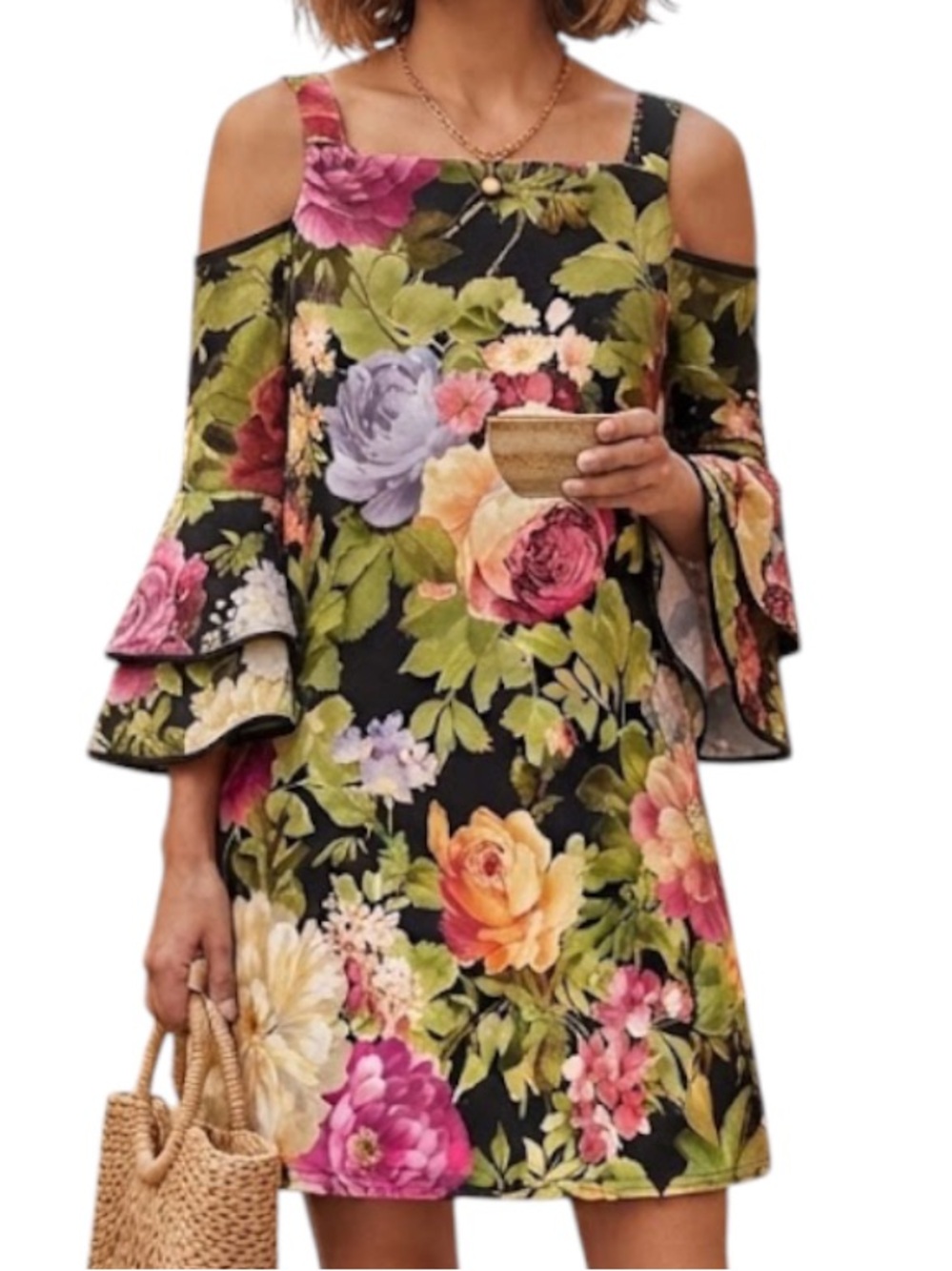 ONE TOUCH Green Floral Cold Shoulder Bell Sleeve Mini Dress Boho Fairycore US 4